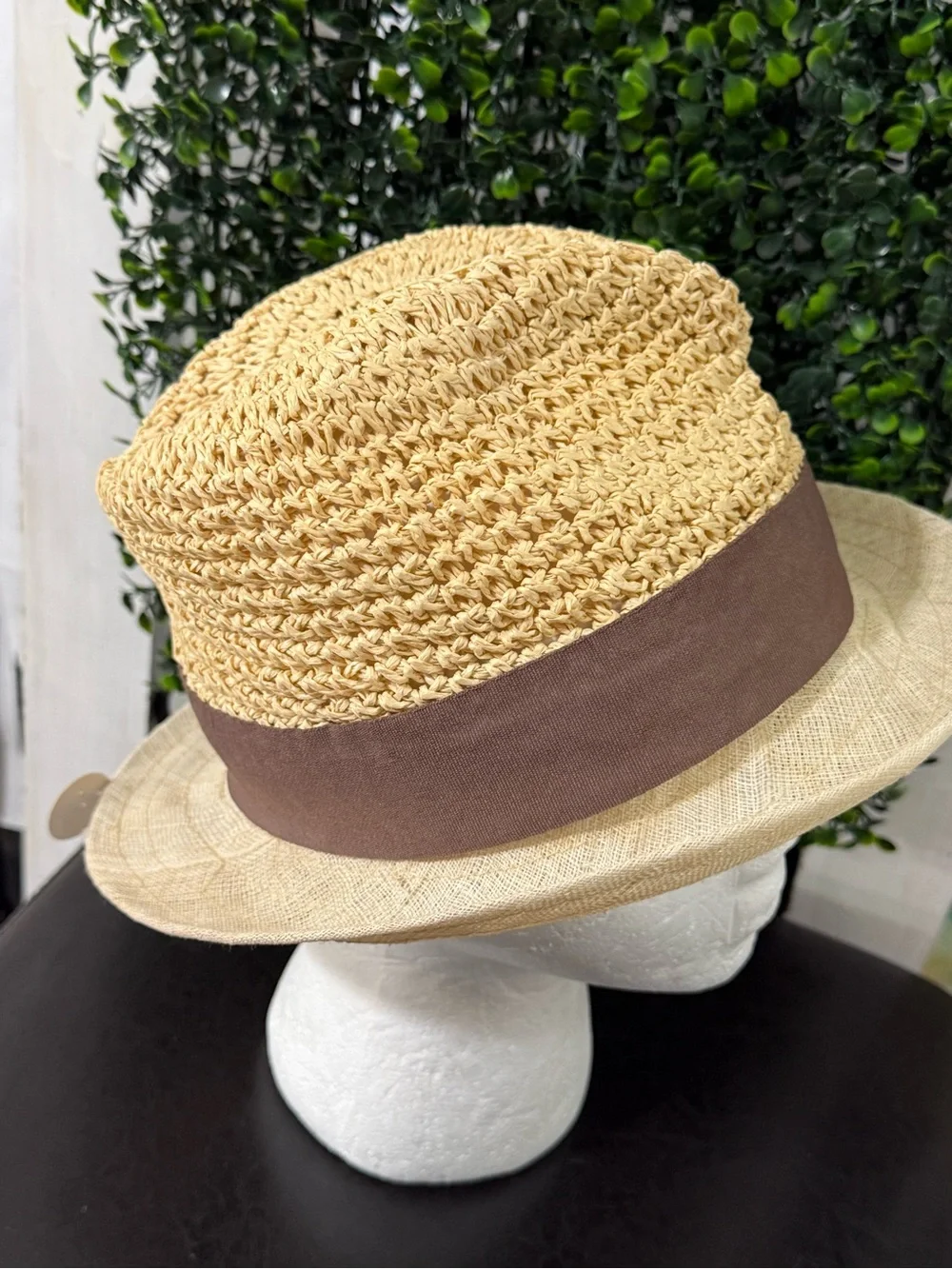 Linen and Straw Cloche Hat with Brown Ribbon